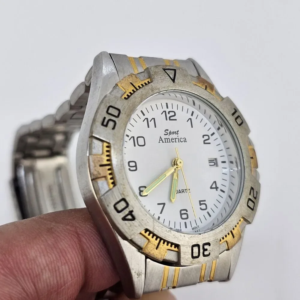 Men’s Sport America Watch 39MM White Dial Date Gold Gray Band 7.5